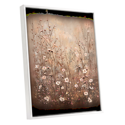 Petals in the Quiet, beige, brown, white floral wall art shown as a white framed canvas wall art