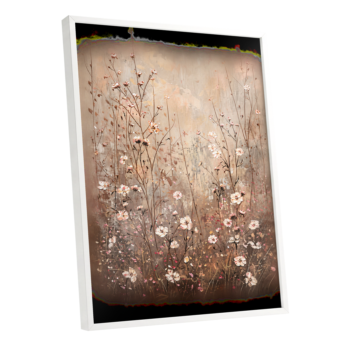 Petals in the Quiet, beige, brown, white floral wall art shown as a white framed poster wall art print