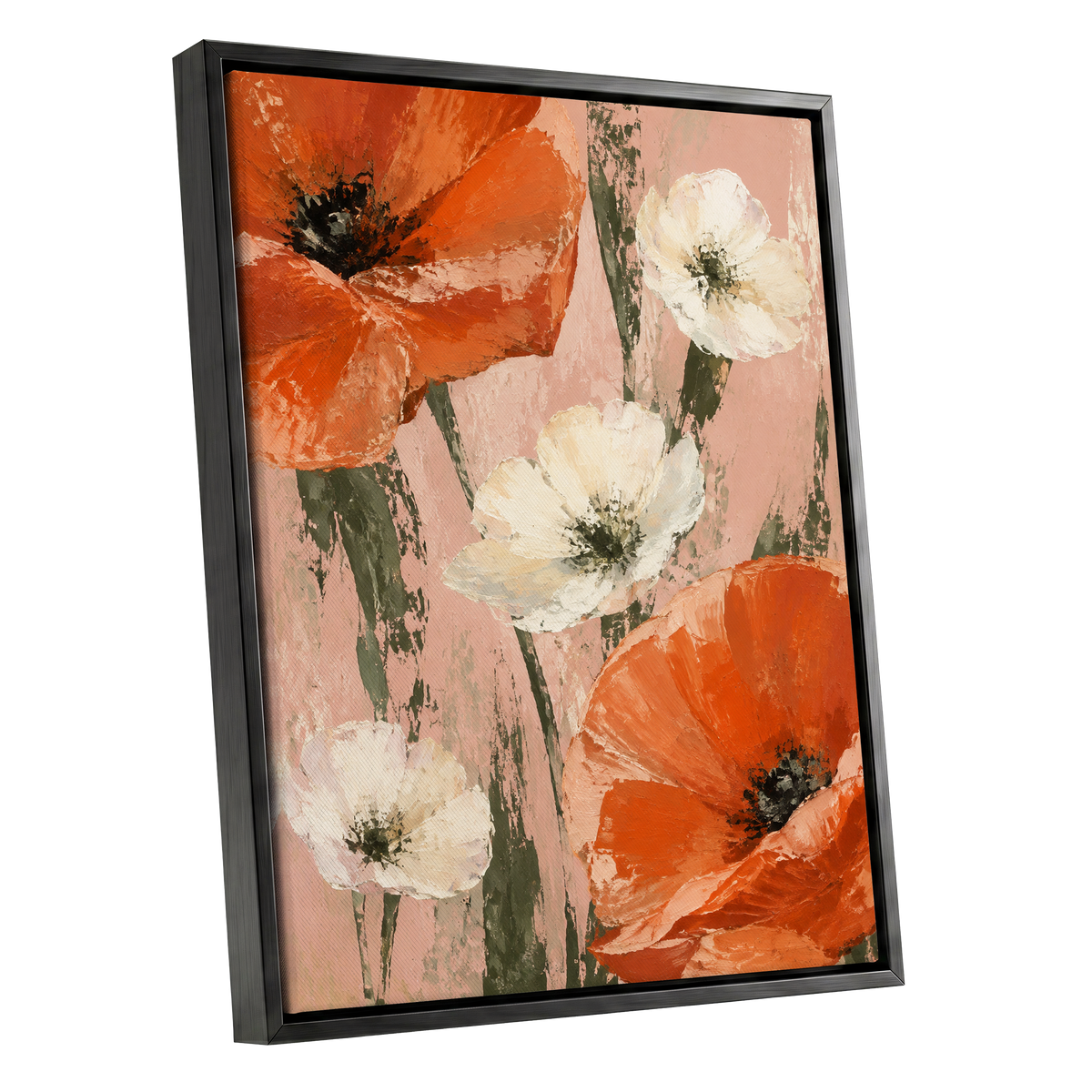 Petals on Blush, orange, white, pink floral wall art shown as a black framed canvas wall art
