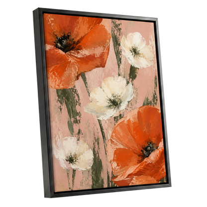 Petals on Blush, orange, white, pink floral wall art shown as a black framed canvas wall art