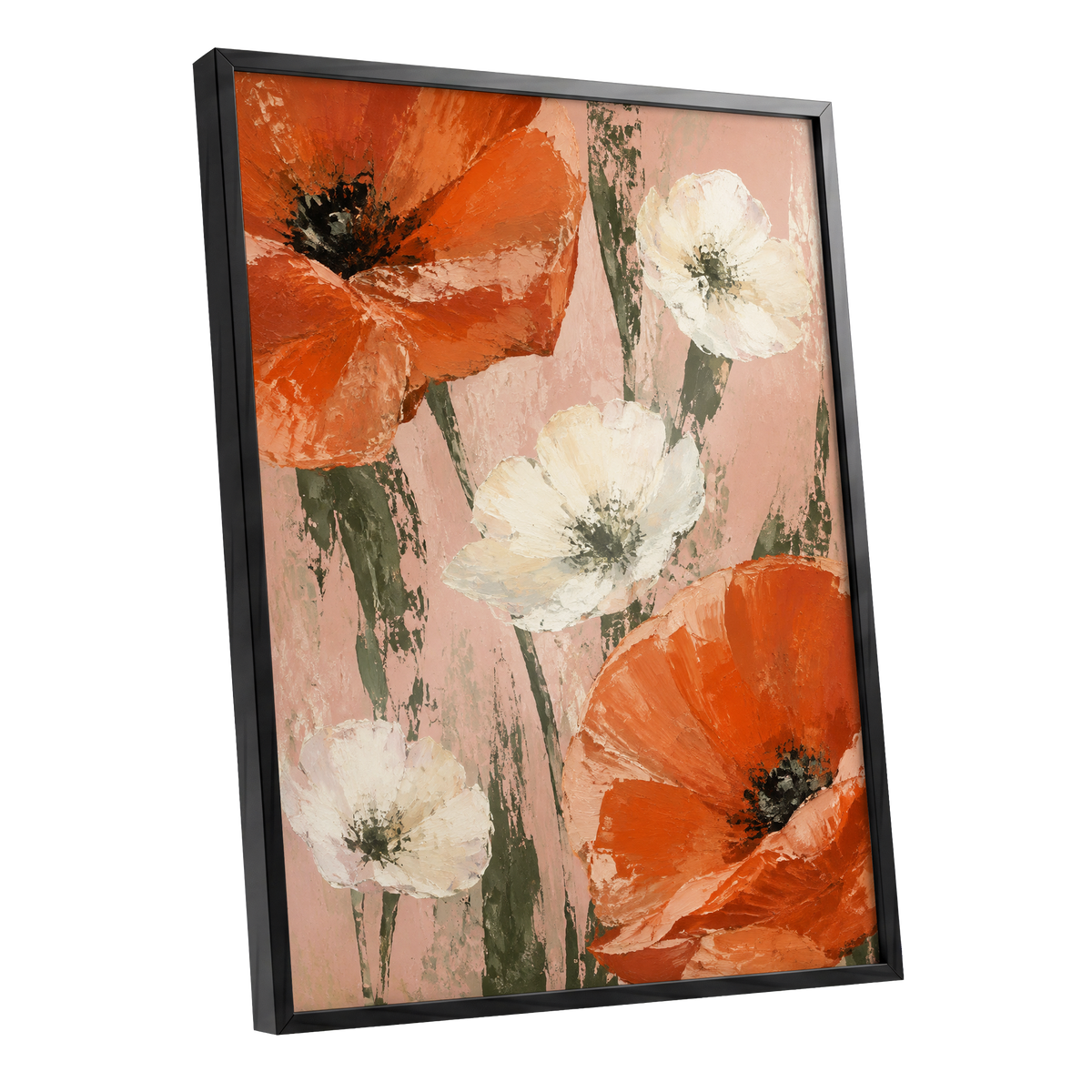 Petals on Blush, orange, white, pink floral wall art shown as a black framed poster wall art print