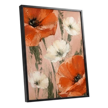 Petals on Blush, orange, white, pink floral wall art shown as a black framed poster wall art print