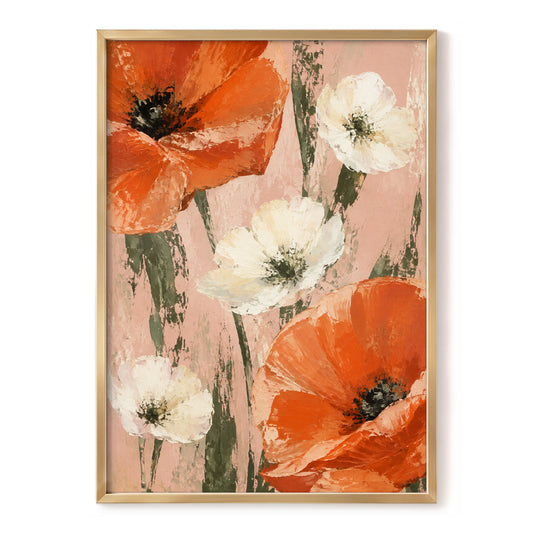 Petals on Blush, orange, white, pink floral wall art, front artwork view