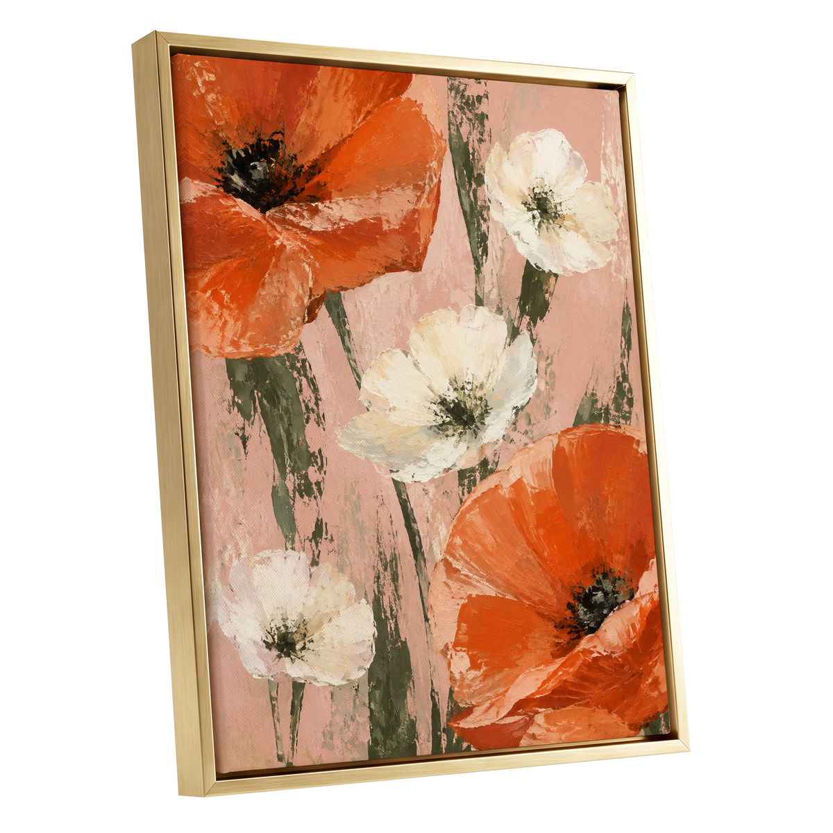 Petals on Blush, orange, white, pink floral wall art shown as a gold framed canvas wall art