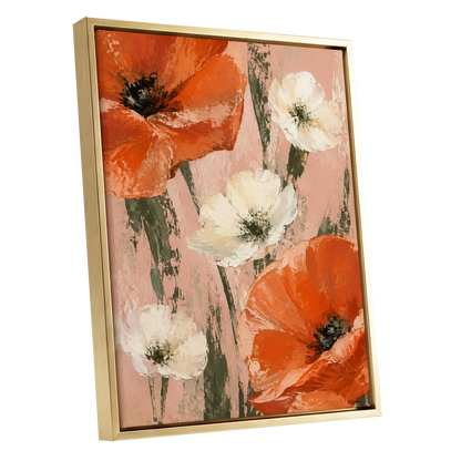 Petals on Blush, orange, white, pink floral wall art shown as a gold framed canvas wall art