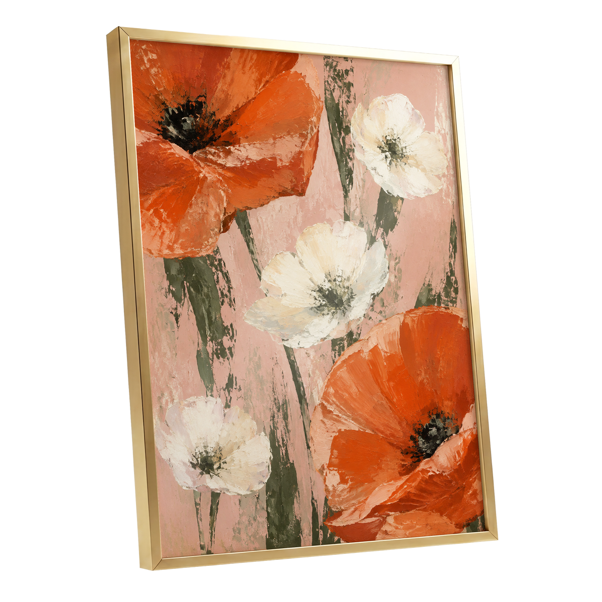 Petals on Blush, orange, white, pink floral wall art shown as a gold framed poster wall art print