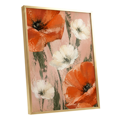 Petals on Blush, orange, white, pink floral wall art shown as a gold framed poster wall art print