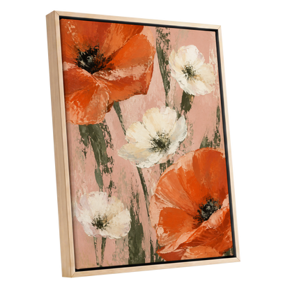 Petals on Blush, orange, white, pink floral wall art shown as a oak framed canvas wall art