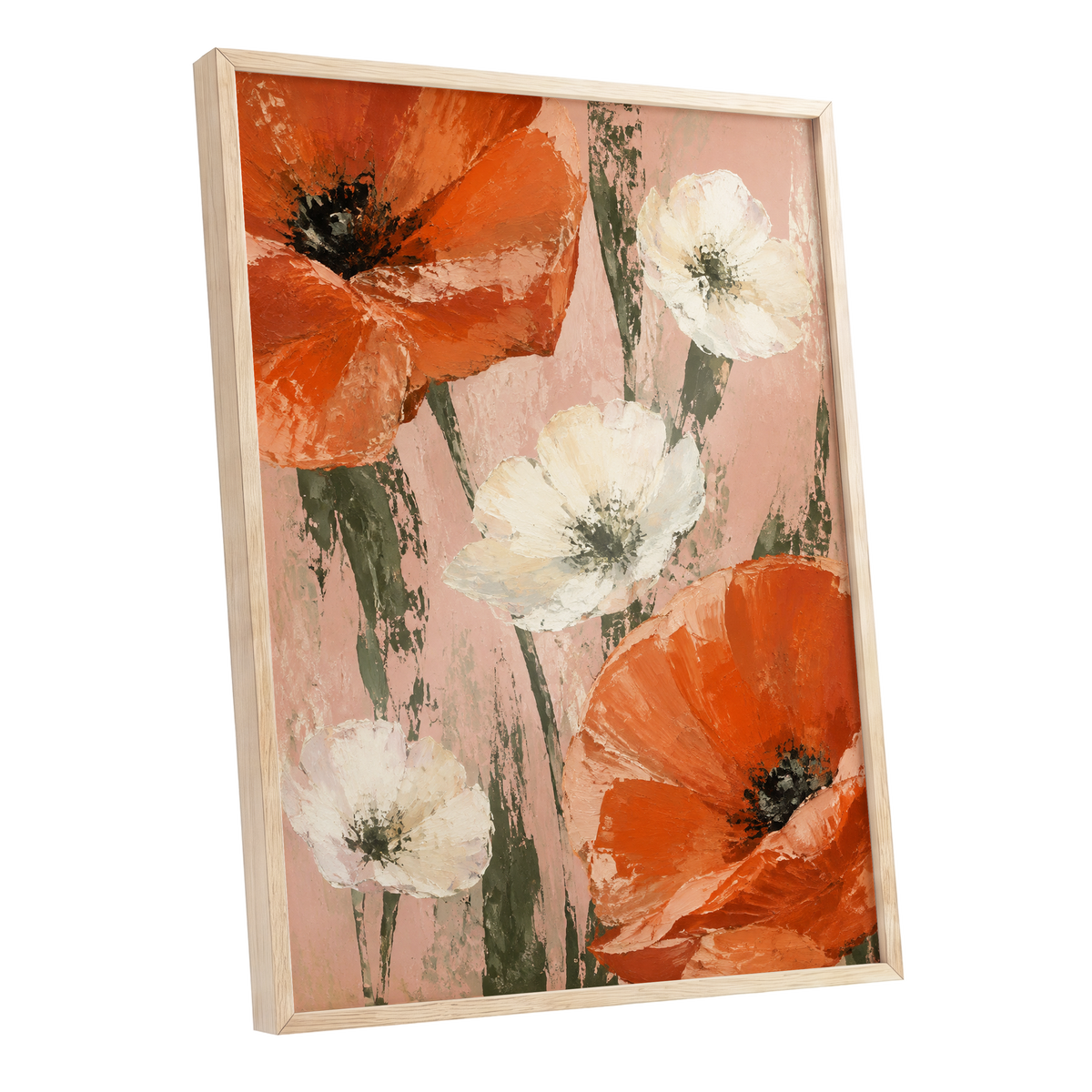 Petals on Blush, orange, white, pink floral wall art shown as a oak framed poster wall art print