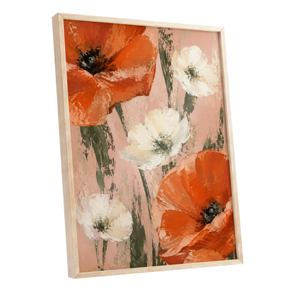 Petals on Blush, orange, white, pink floral wall art shown as a oak framed poster wall art print