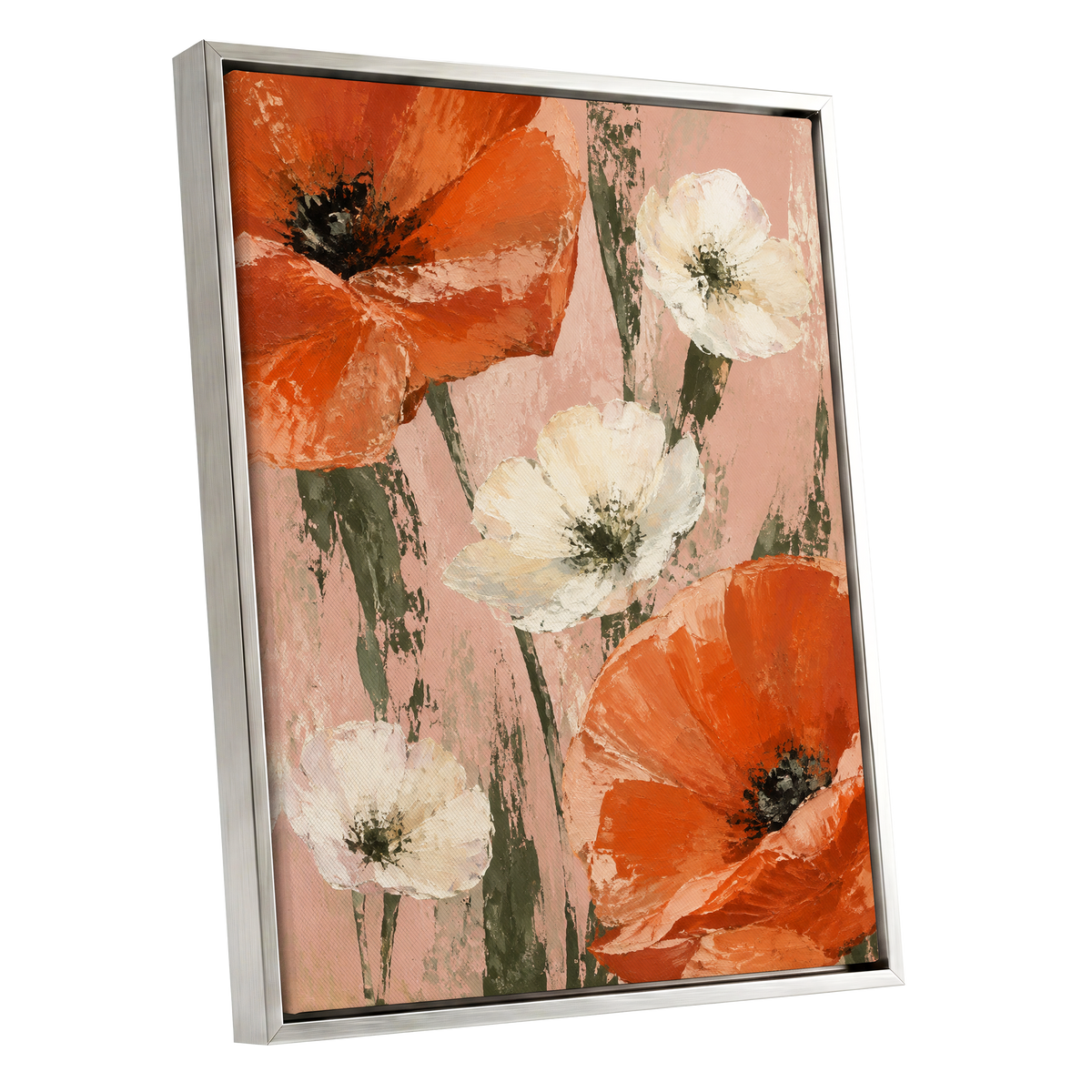 Petals on Blush, orange, white, pink floral wall art shown as a silver framed canvas wall art