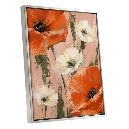 Petals on Blush, orange, white, pink floral wall art shown as a silver framed canvas wall art