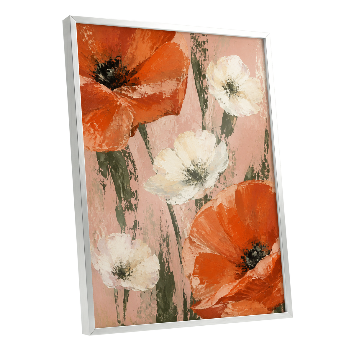 Petals on Blush, orange, white, pink floral wall art shown as a silver framed poster wall art print