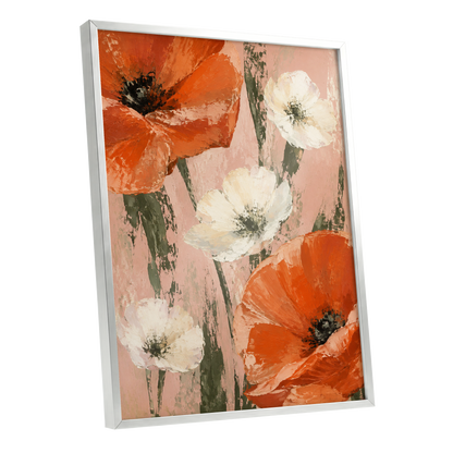 Petals on Blush, orange, white, pink floral wall art shown as a silver framed poster wall art print