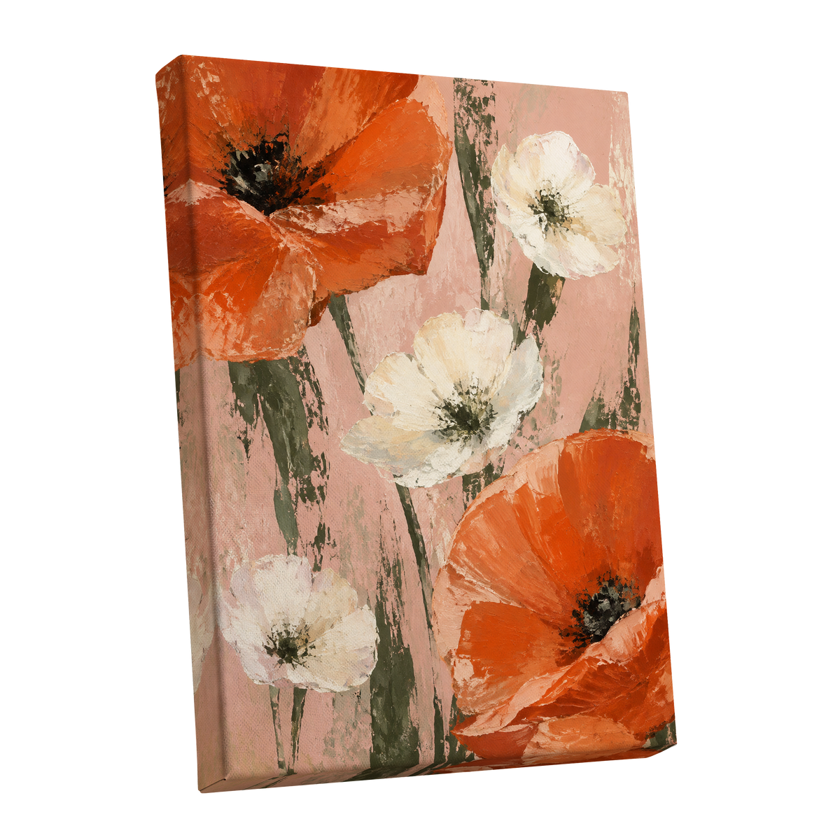 Petals on Blush, orange, white, pink floral wall art shown as a stretched canvas wall art