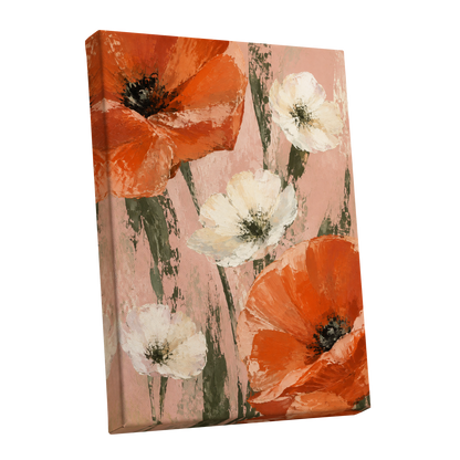 Petals on Blush, orange, white, pink floral wall art shown as a stretched canvas wall art