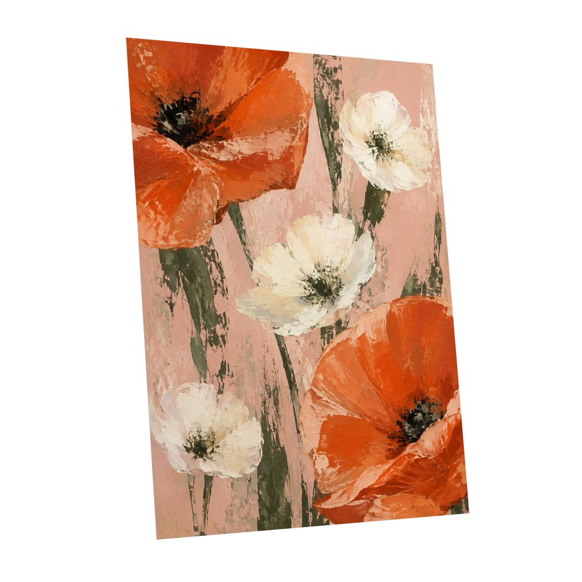 Petals on Blush, orange, white, pink floral wall art shown as a unframed poster wall art print