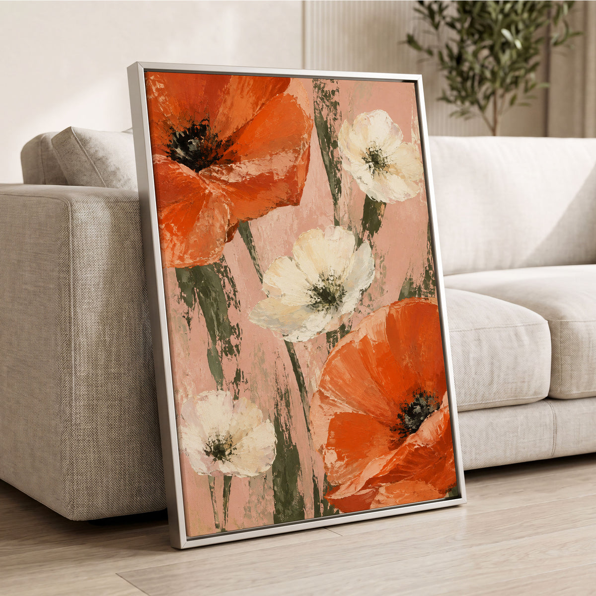 Petals on Blush, orange, white, pink floral wall art displayed in a styled interior, gallery view 4