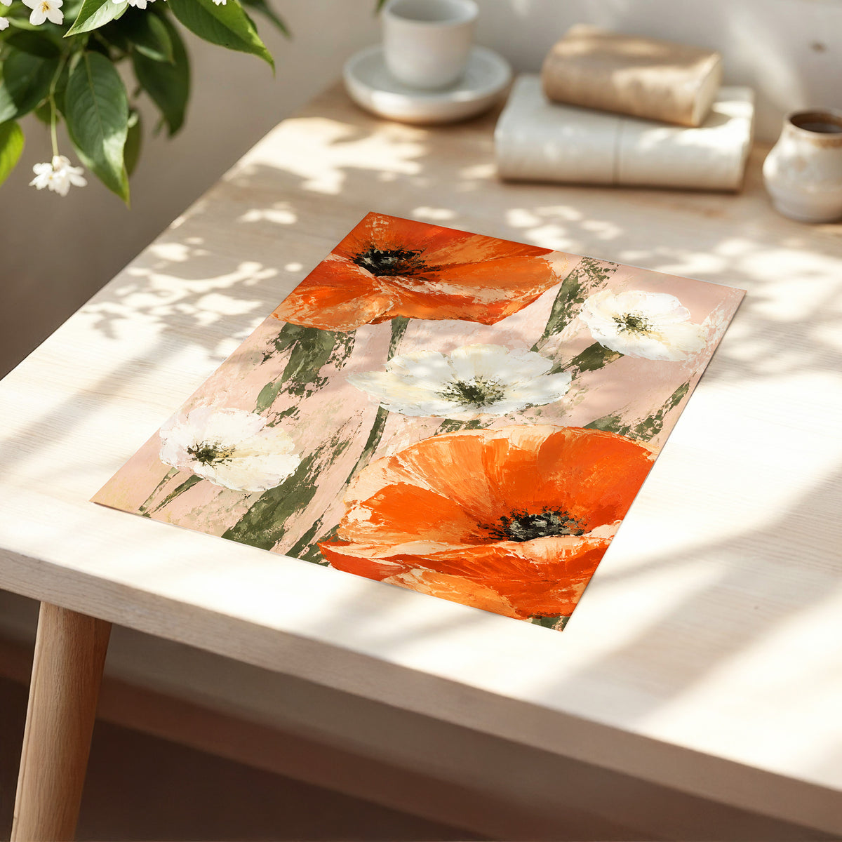 Petals on Blush, orange, white, pink floral wall art displayed in a styled interior, gallery view 5
