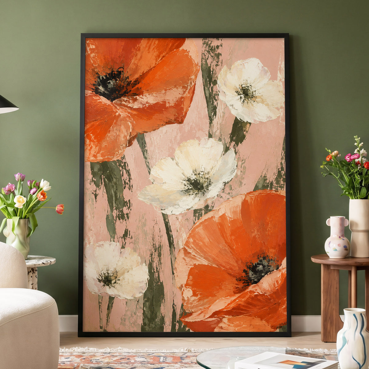 Petals on Blush, orange, white, pink floral wall art displayed in a styled interior, gallery view 6