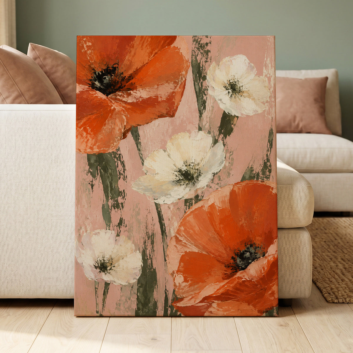 Petals on Blush, orange, white, pink floral wall art displayed in a styled interior, gallery view 7