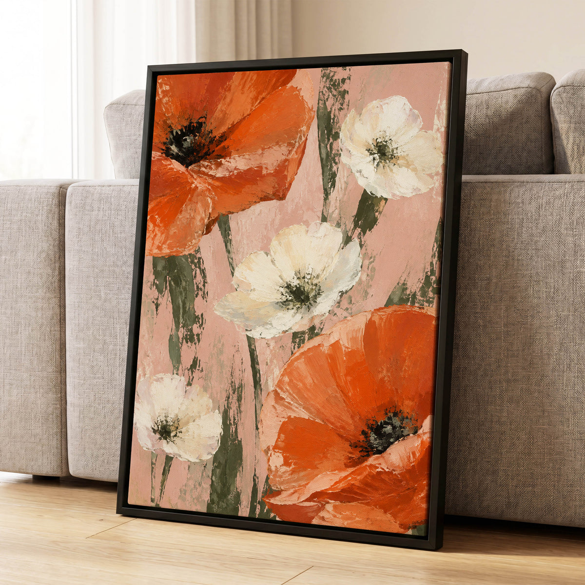 Petals on Blush, orange, white, pink floral wall art displayed in a styled interior, gallery view 8