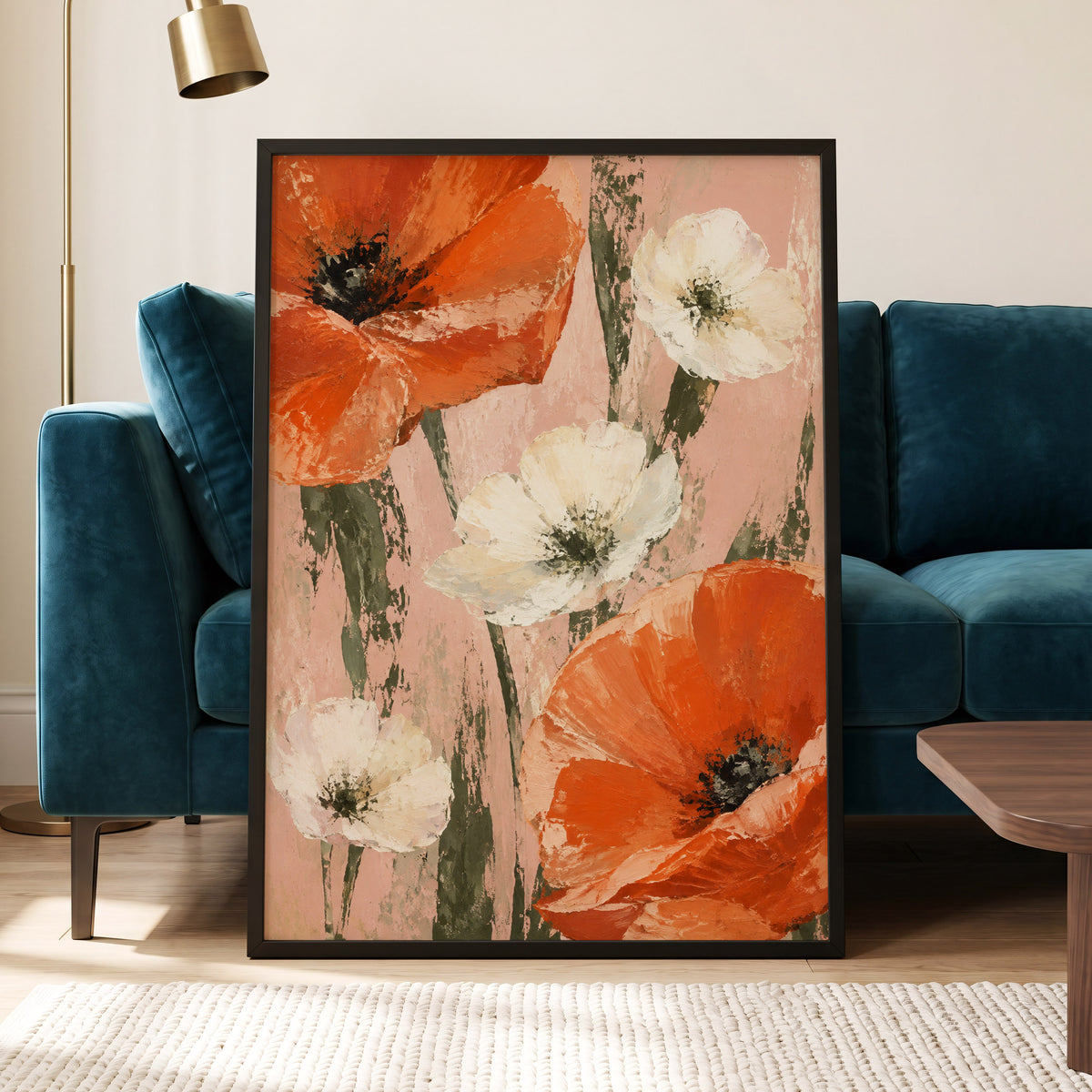 Petals on Blush, orange, white, pink floral wall art displayed in a styled interior, gallery view 9