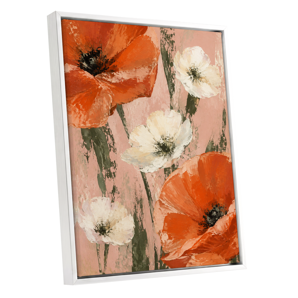 Petals on Blush, orange, white, pink floral wall art shown as a white framed canvas wall art