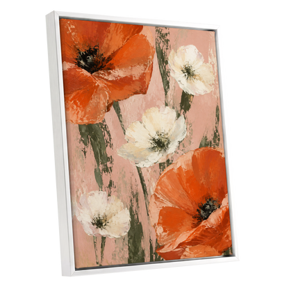 Petals on Blush, orange, white, pink floral wall art shown as a white framed canvas wall art