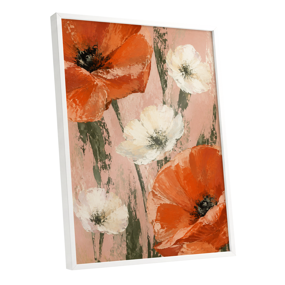 Petals on Blush, orange, white, pink floral wall art shown as a white framed poster wall art print