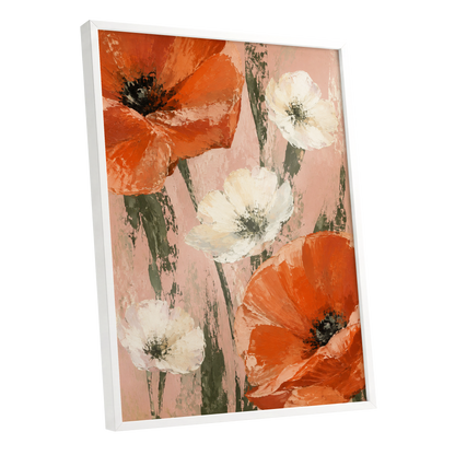 Petals on Blush, orange, white, pink floral wall art shown as a white framed poster wall art print