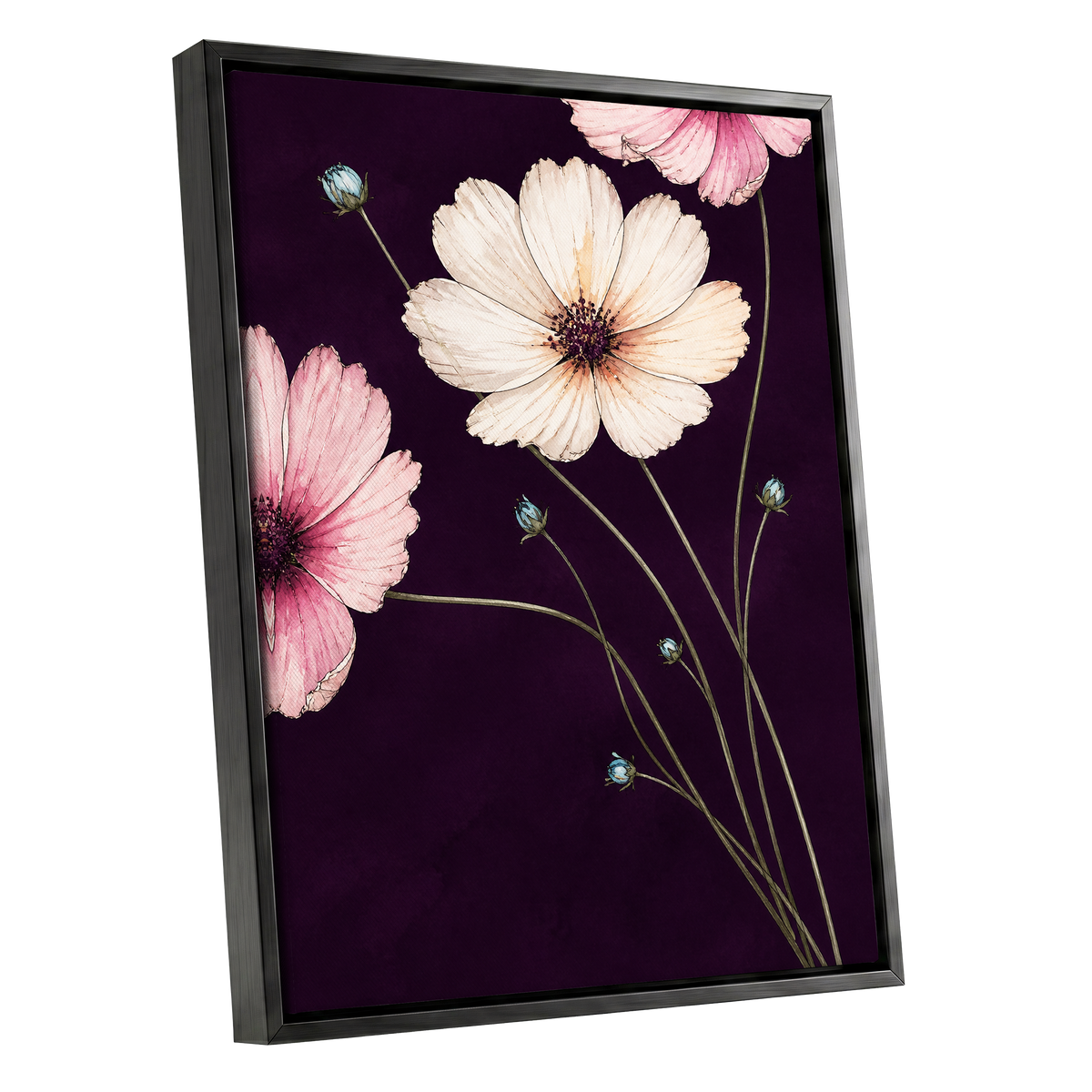 Petals on Plum, purple, pink, beige floral wall art shown as a black framed canvas wall art