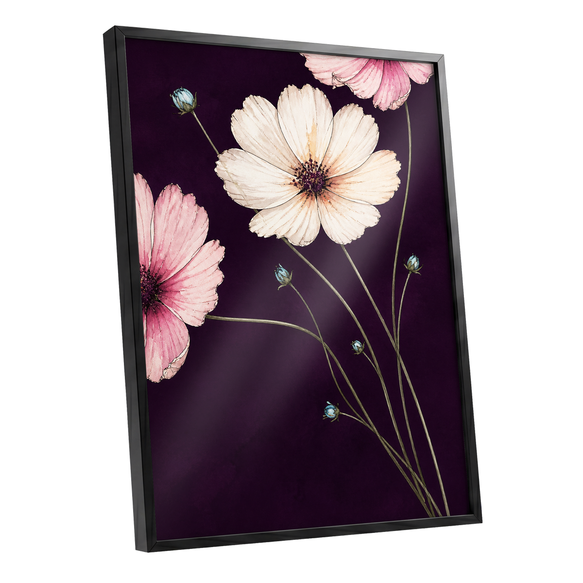 Petals on Plum, purple, pink, beige floral wall art shown as a black framed poster wall art print