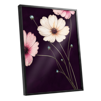 Petals on Plum, purple, pink, beige floral wall art shown as a black framed poster wall art print
