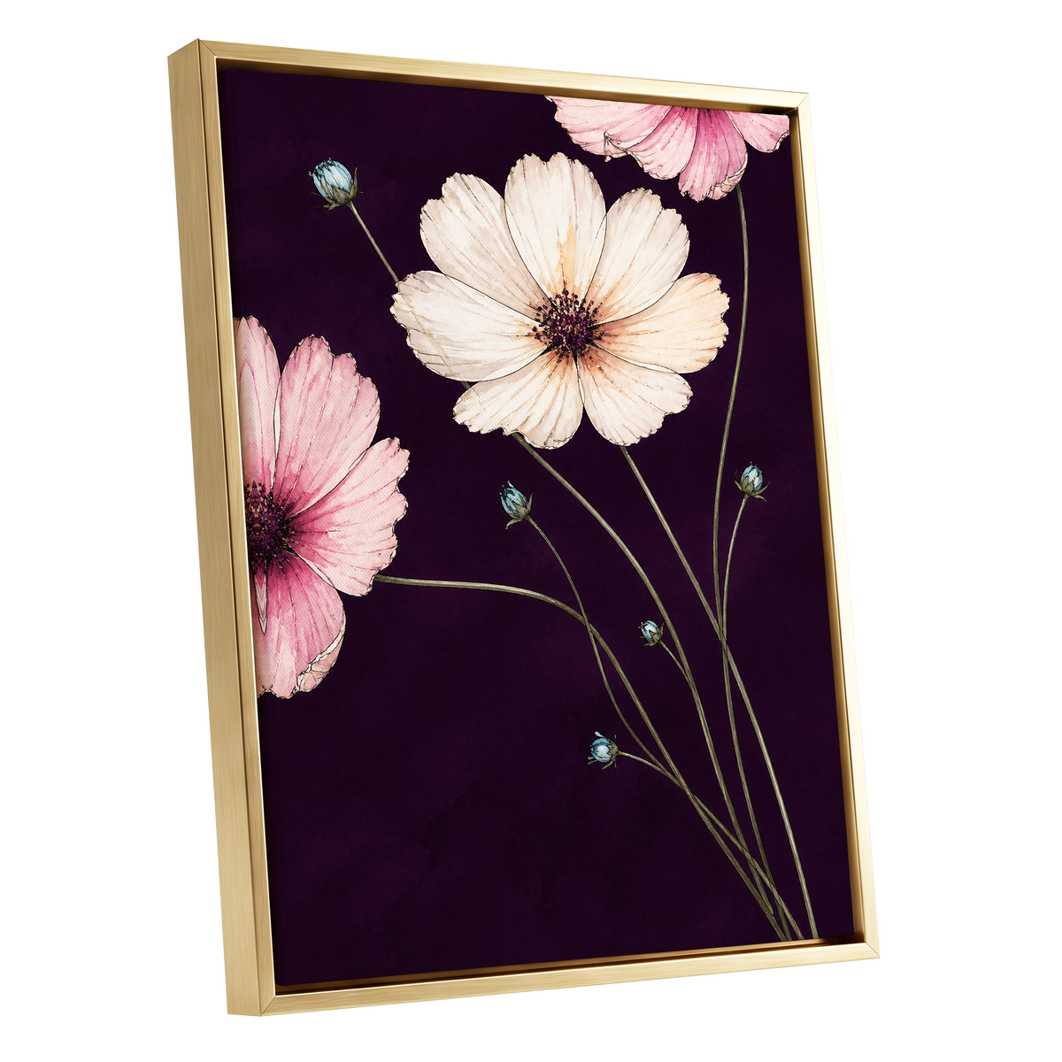 Petals on Plum, purple, pink, beige floral wall art shown as a gold framed canvas wall art