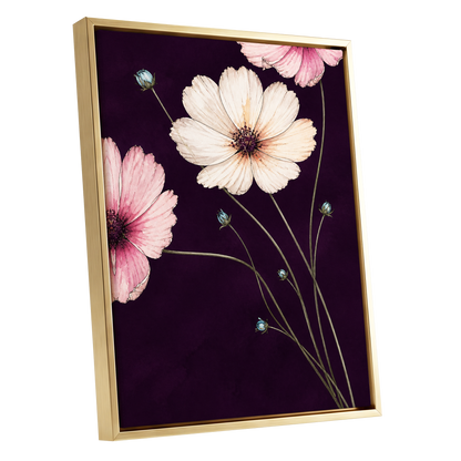 Petals on Plum, purple, pink, beige floral wall art shown as a gold framed canvas wall art