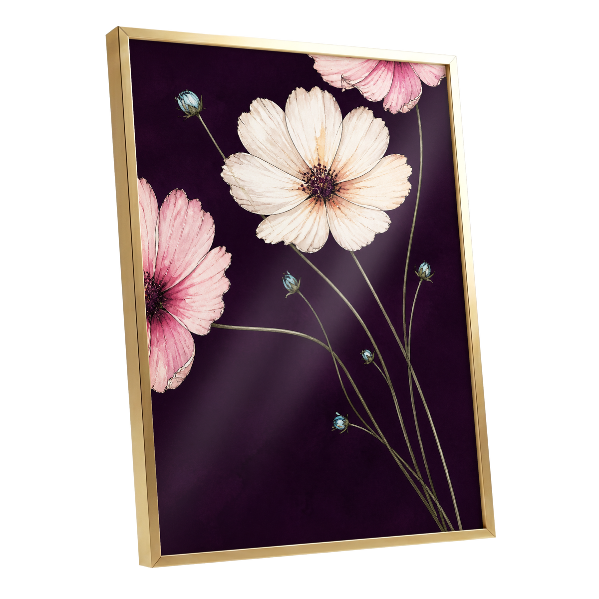 Petals on Plum, purple, pink, beige floral wall art shown as a gold framed poster wall art print