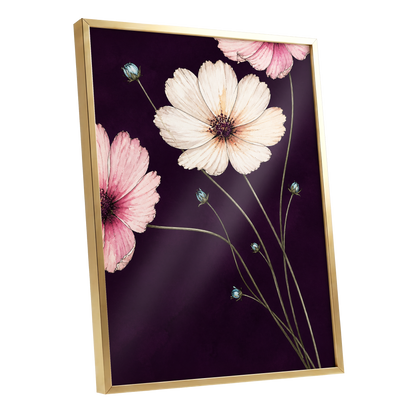 Petals on Plum, purple, pink, beige floral wall art shown as a gold framed poster wall art print