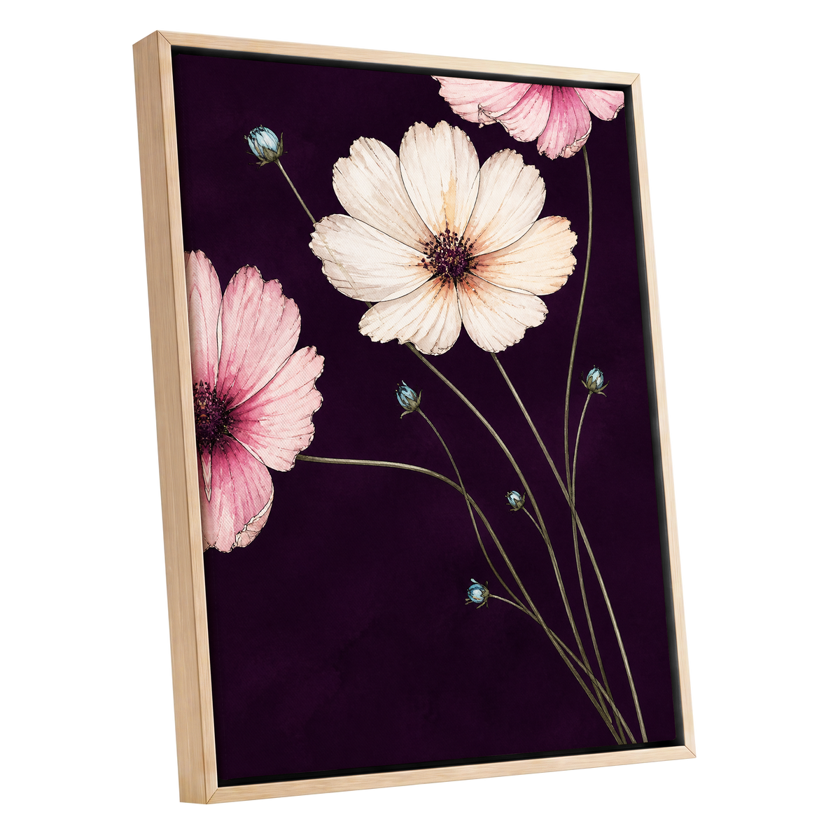 Petals on Plum, purple, pink, beige floral wall art shown as a oak framed canvas wall art
