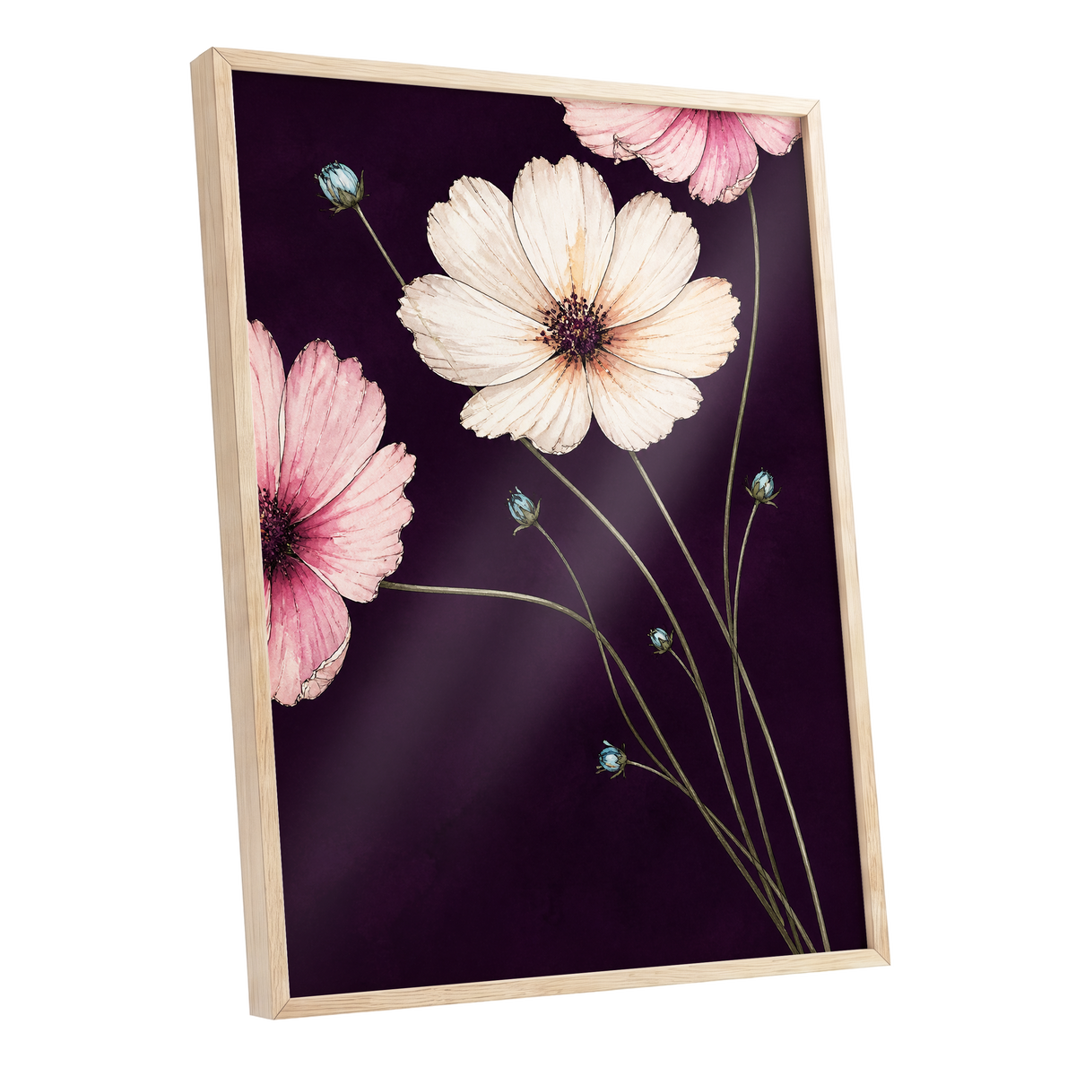 Petals on Plum, purple, pink, beige floral wall art shown as a oak framed poster wall art print