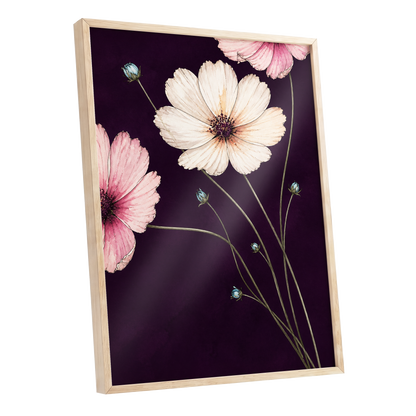 Petals on Plum, purple, pink, beige floral wall art shown as a oak framed poster wall art print