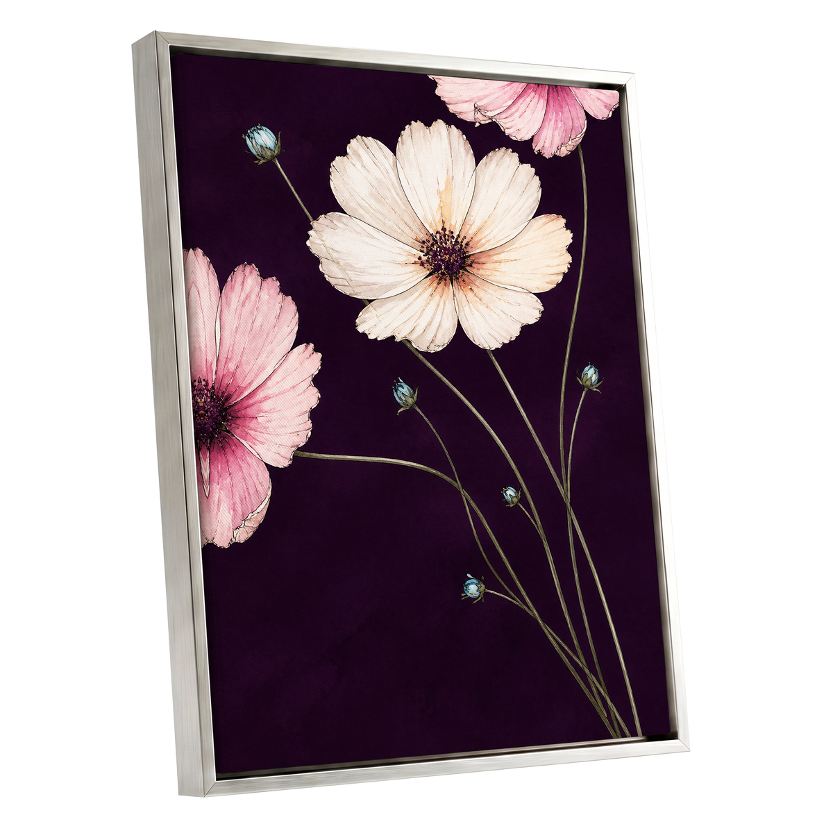 Petals on Plum, purple, pink, beige floral wall art shown as a silver framed canvas wall art