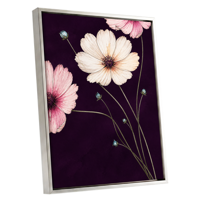 Petals on Plum, purple, pink, beige floral wall art shown as a silver framed canvas wall art