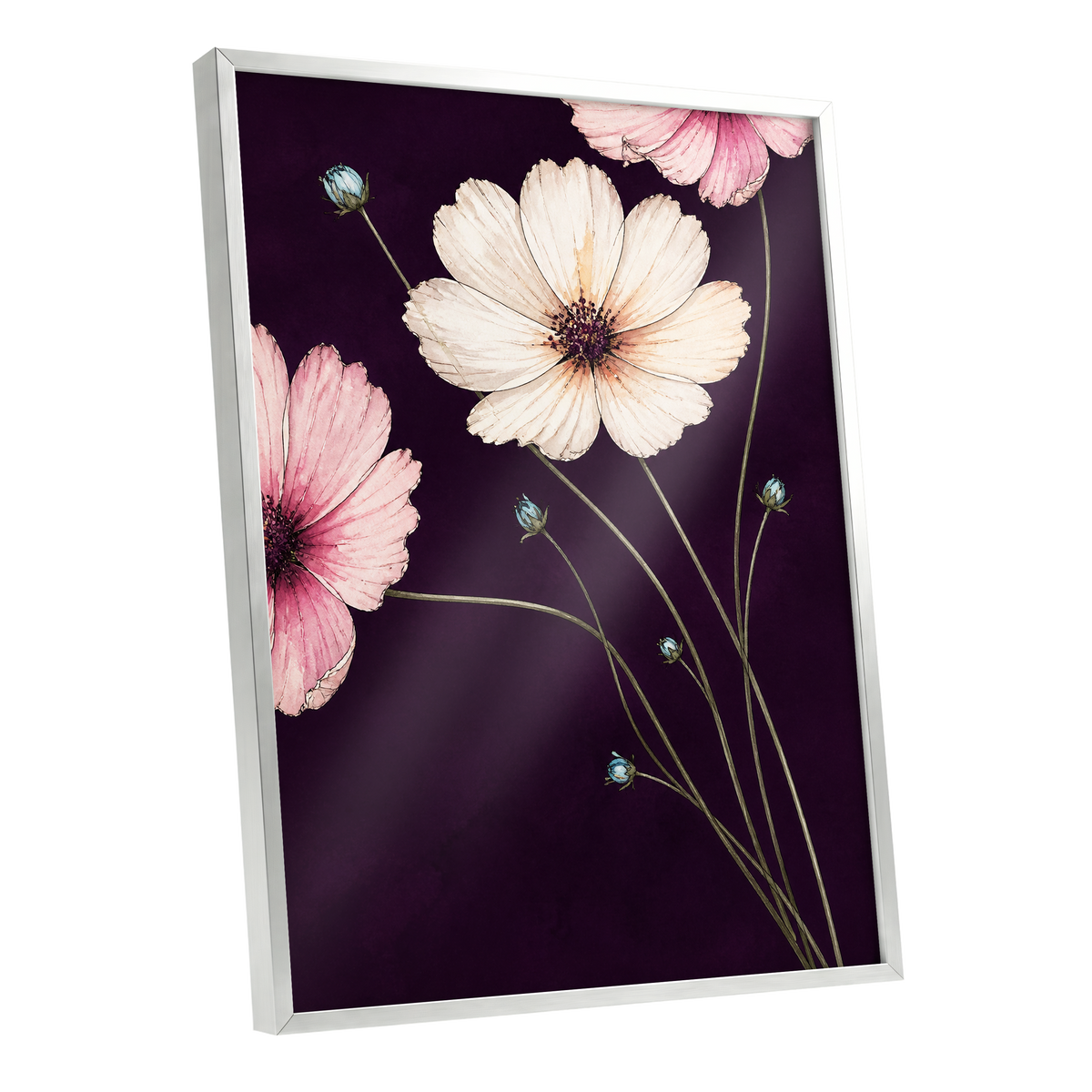 Petals on Plum, purple, pink, beige floral wall art shown as a silver framed poster wall art print