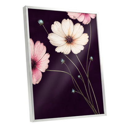 Petals on Plum, purple, pink, beige floral wall art shown as a silver framed poster wall art print