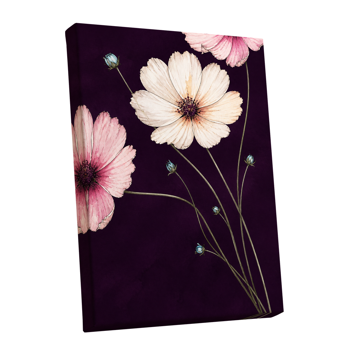 Petals on Plum, purple, pink, beige floral wall art shown as a stretched canvas wall art