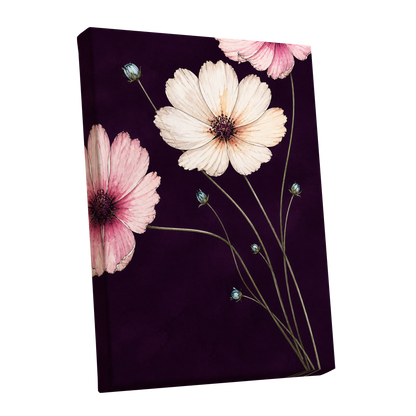 Petals on Plum, purple, pink, beige floral wall art shown as a stretched canvas wall art