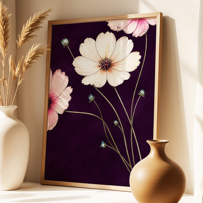 Petals on Plum, purple, pink, beige floral wall art displayed in a styled interior, gallery view 2