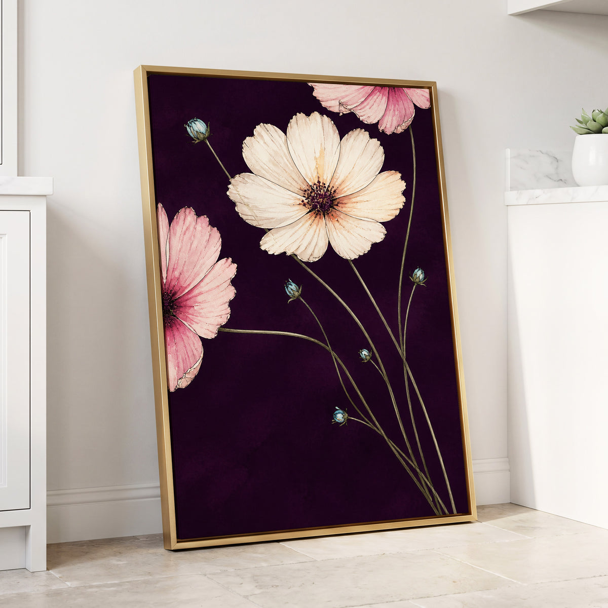 Petals on Plum, purple, pink, beige floral wall art displayed in a styled interior, gallery view 4