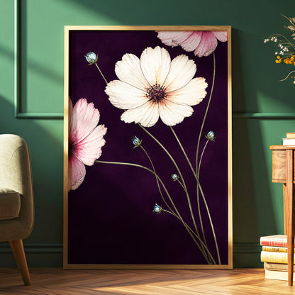Petals on Plum, purple, pink, beige floral wall art displayed in a styled interior, gallery view 6